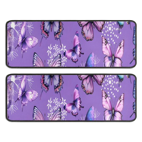 Kitchen Rugs Sets Of 2,Purple Butterfly Flower Pattern Anti Fatigue Kitchen Mat Rugs Non Slip Washable,Decorative Kitchen Floor Mats for Kitchen,Sink,Laundry,17"x47"+17"x47"