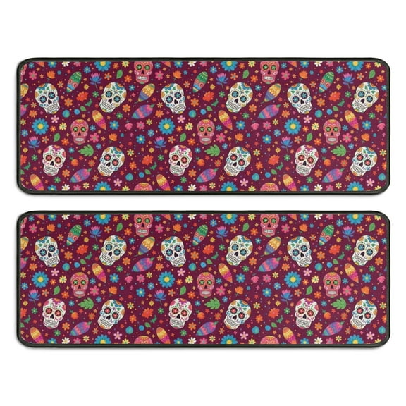 Kitchen Rugs Sets Of 2,Purple Colorful Skull Flower Pattern Anti Fatigue Kitchen Mat Rugs Non Slip Washable,Decorative Kitchen Floor Mats for Kitchen,Sink,Laundry,17"x47"+17"x47"