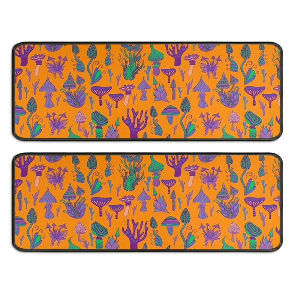 Kitchen Rugs Sets Of 2,Purple Green Mushroom Plant Orange Pattern Anti Fatigue Kitchen Mat Rugs Non Slip Washable,Decorative Kitchen Floor Mats for Kitchen,Sink,Laundry,17"x47"+17"x47"
