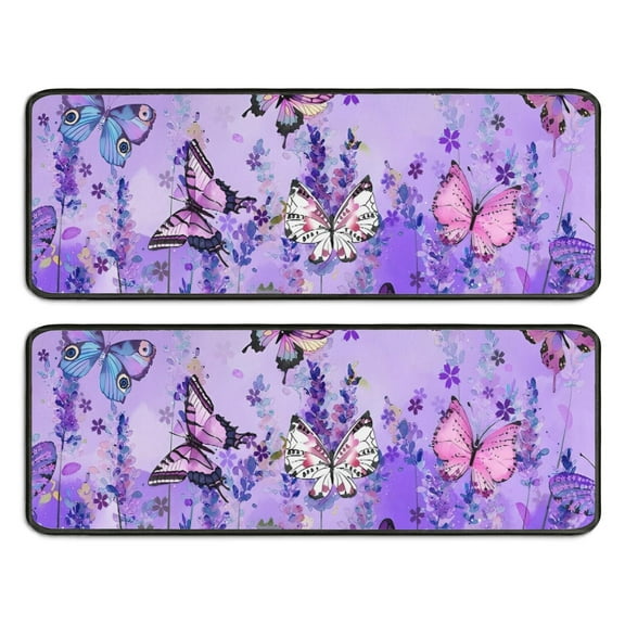Kitchen Rugs Sets Of 2,Purple Lavender Butterfly Scene Anti Fatigue Kitchen Mat Rugs Non Slip Washable,Decorative Kitchen Floor Mats for Kitchen,Sink,Laundry,17"x47"+17"x47"