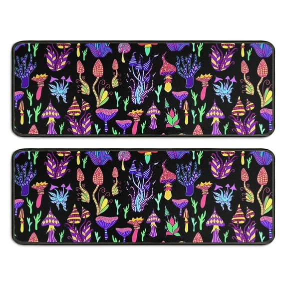 Kitchen Rugs Sets Of 2,Purple Mushroom Black Pattern Anti Fatigue Kitchen Mat Rugs Non Slip Washable,Decorative Kitchen Floor Mats for Kitchen,Sink,Laundry,17"x47"+17"x47"
