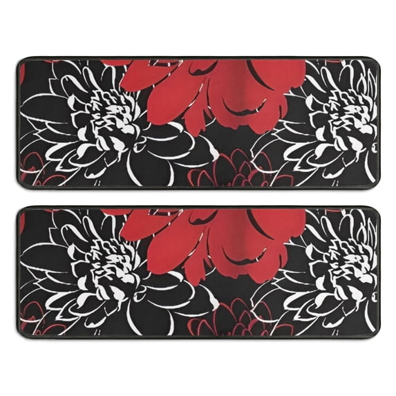 Kitchen Rugs Sets Of 2,Red and Black Pioneer Flower Pattern Anti Fatigue Kitchen Mat Rugs Non Slip Washable,Decorative Kitchen Floor Mats for Kitchen,Sink,Laundry,17"x47"+17"x47"