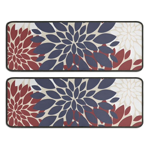 Kitchen Rugs Sets Of 2,Red and Blue Pioneer Flower Pattern Anti Fatigue Kitchen Mat Rugs Non Slip Washable,Decorative Kitchen Floor Mats for Kitchen,Sink,Laundry,17"x47"+17"x47"