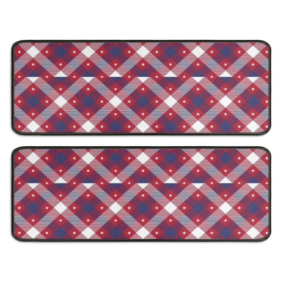 Kitchen Rugs Sets Of 2,Red Blue White Star Plaid Checkered Pattern Anti Fatigue Kitchen Mat Rugs Non Slip Washable,Decorative Kitchen Floor Mats for Kitchen,Sink,Laundry,17"x47"+17"x47"