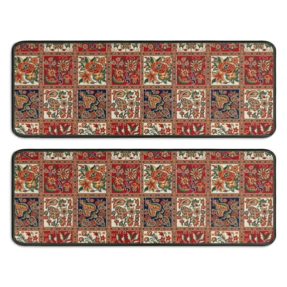 Kitchen Rugs Sets Of 2,Red Boho Ethnic Floral Patchwork Pattern Anti Fatigue Kitchen Mat Rugs Non Slip Washable,Decorative Kitchen Floor Mats for Kitchen,Sink,Laundry,17"x47"+17"x47"