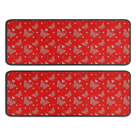 Kitchen Rugs Sets Of 2,Red Butterfly Heart Flower Pattern Anti Fatigue Kitchen Mat Rugs Non Slip Washable,Decorative Kitchen Floor Mats for Kitchen,Sink,Laundry,17"x47"+17"x47"