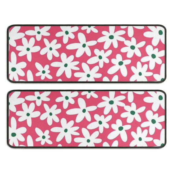 Kitchen Rugs Sets Of 2,Red Daisy Flower Green Centers Pattern Anti Fatigue Kitchen Mat Rugs Non Slip Washable,Decorative Kitchen Floor Mats for Kitchen,Sink,Laundry,17"x47"+17"x47"