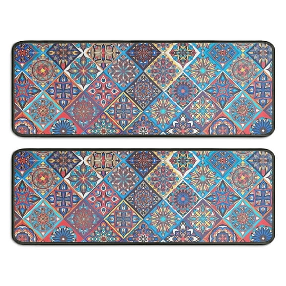 Kitchen Rugs Sets Of 2,Red Floral Square Pattern Anti Fatigue Kitchen Mat Rugs Non Slip Washable,Decorative Kitchen Floor Mats for Kitchen,Sink,Laundry,17"x47"+17"x47"
