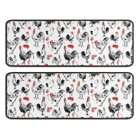 Kitchen Rugs Sets Of 2,Red Flower Chicken Pattern Anti Fatigue Kitchen Mat Rugs Non Slip Washable,Decorative Kitchen Floor Mats for Kitchen,Sink,Laundry,17"x47"+17"x47"