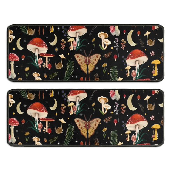 Kitchen Rugs Sets Of 2,Red Mushroom Butterfly Black Pattern Anti Fatigue Kitchen Mat Rugs Non Slip Washable,Decorative Kitchen Floor Mats for Kitchen,Sink,Laundry,17"x47"+17"x47"