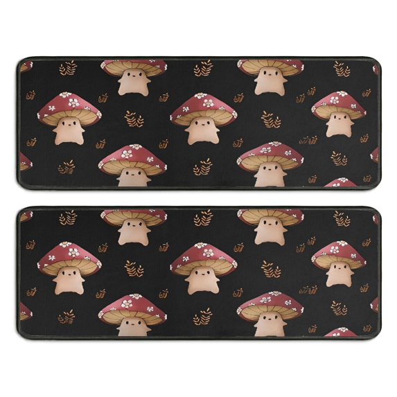 Kitchen Rugs Sets Of 2,Red Mushroom Cartoon Black Pattern Anti Fatigue Kitchen Mat Rugs Non Slip Washable,Decorative Kitchen Floor Mats for Kitchen,Sink,Laundry,17"x47"+17"x47"