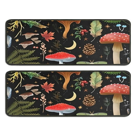 Kitchen Rugs Sets Of 2,Red Mushroom Fern Black Pattern Anti Fatigue Kitchen Mat Rugs Non Slip Washable,Decorative Kitchen Floor Mats for Kitchen,Sink,Laundry,17"x47"+17"x47"