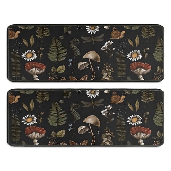 Kitchen Rugs Sets Of 2,Red Mushroom Fern Black Pattern Anti Fatigue Kitchen Mat Rugs Non Slip Washable,Decorative Kitchen Floor Mats for Kitchen,Sink,Laundry,17"x47"+17"x47"