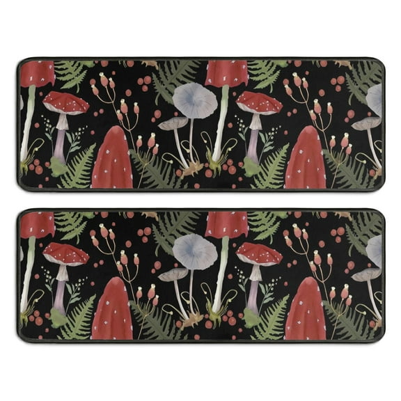 Kitchen Rugs Sets Of 2,Red Mushroom Fern Black Pattern Anti Fatigue Kitchen Mat Rugs Non Slip Washable,Decorative Kitchen Floor Mats for Kitchen,Sink,Laundry,17"x47"+17"x47"