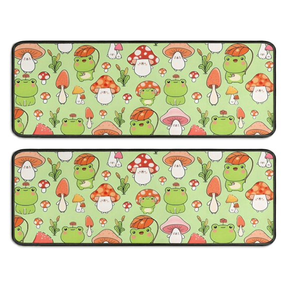 Kitchen Rugs Sets Of 2,Red Mushroom Frog Green Pattern Anti Fatigue Kitchen Mat Rugs Non Slip Washable,Decorative Kitchen Floor Mats for Kitchen,Sink,Laundry,17"x47"+17"x47"