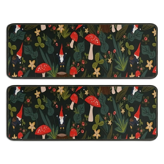 Kitchen Rugs Sets Of 2,Red Mushroom Gnome Dark Green Pattern Anti Fatigue Kitchen Mat Rugs Non Slip Washable,Decorative Kitchen Floor Mats for Kitchen,Sink,Laundry,17"x47"+17"x47"