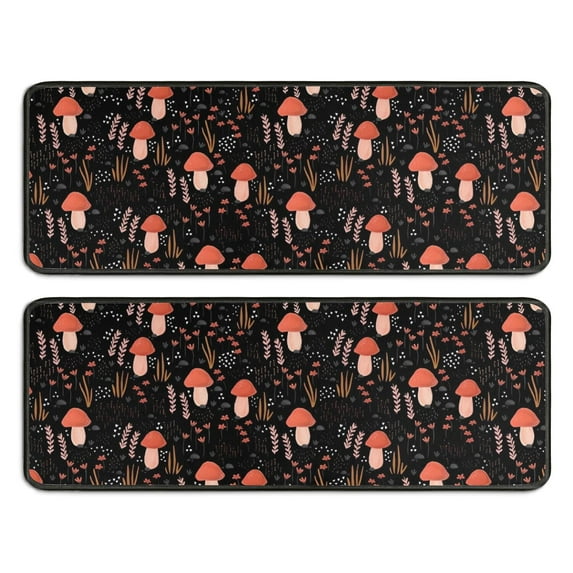 Kitchen Rugs Sets Of 2,Red Mushroom Grass Black Pattern Anti Fatigue Kitchen Mat Rugs Non Slip Washable,Decorative Kitchen Floor Mats for Kitchen,Sink,Laundry,17"x47"+17"x47"