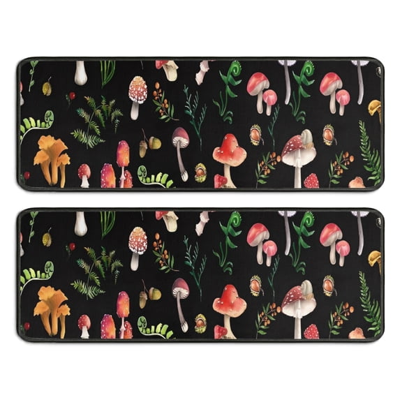 Kitchen Rugs Sets Of 2,Red Mushroom Leaf Black Pattern Anti Fatigue Kitchen Mat Rugs Non Slip Washable,Decorative Kitchen Floor Mats for Kitchen,Sink,Laundry,17"x47"+17"x47"
