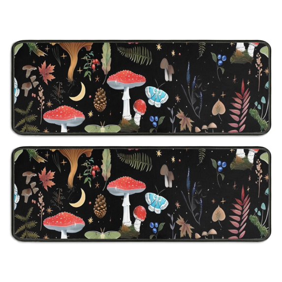 Kitchen Rugs Sets Of 2,Red Mushroom Leaf Black Pattern Anti Fatigue Kitchen Mat Rugs Non Slip Washable,Decorative Kitchen Floor Mats for Kitchen,Sink,Laundry,17"x47"+17"x47"