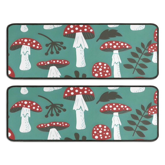 Kitchen Rugs Sets Of 2,Red Mushroom Leaf Green Pattern Anti Fatigue Kitchen Mat Rugs Non Slip Washable,Decorative Kitchen Floor Mats for Kitchen,Sink,Laundry,17"x47"+17"x47"
