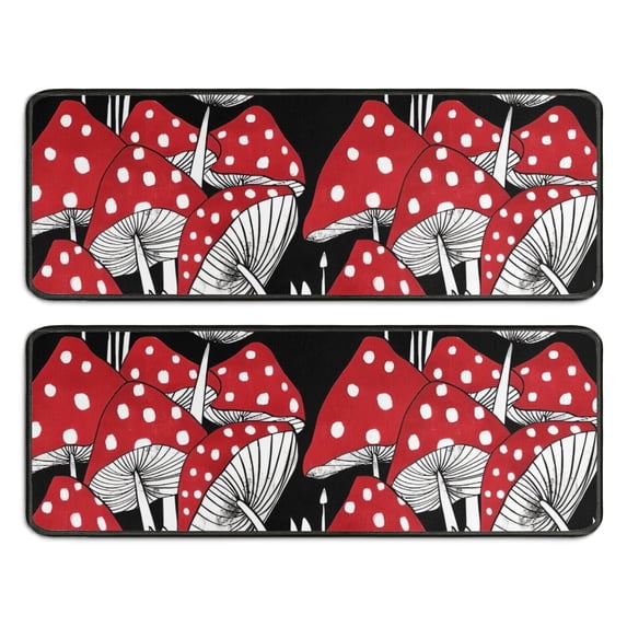 Kitchen Rugs Sets Of 2,Red Mushroom Line Black Pattern Anti Fatigue Kitchen Mat Rugs Non Slip Washable,Decorative Kitchen Floor Mats for Kitchen,Sink,Laundry,17"x47"+17"x47"