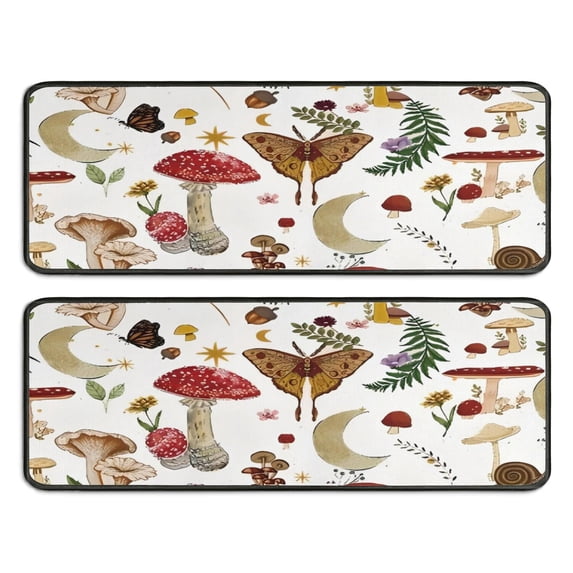 Kitchen Rugs Sets Of 2,Red Mushroom Nature White Pattern Anti Fatigue Kitchen Mat Rugs Non Slip Washable,Decorative Kitchen Floor Mats for Kitchen,Sink,Laundry,17"x47"+17"x47"
