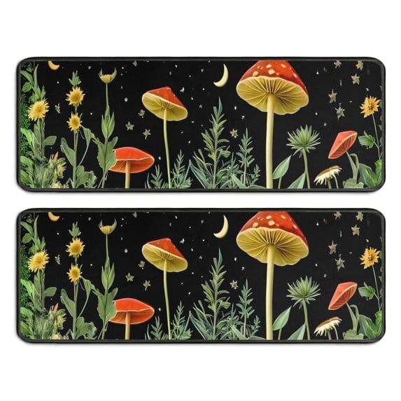 Kitchen Rugs Sets Of 2,Red Mushroom Star Black Pattern Anti Fatigue Kitchen Mat Rugs Non Slip Washable,Decorative Kitchen Floor Mats for Kitchen,Sink,Laundry,17"x47"+17"x47"