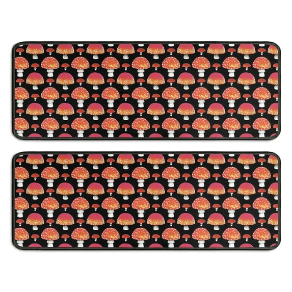 Kitchen Rugs Sets Of 2,Red Orange Mushroom Black Pattern Anti Fatigue Kitchen Mat Rugs Non Slip Washable,Decorative Kitchen Floor Mats for Kitchen,Sink,Laundry,17"x47"+17"x47"
