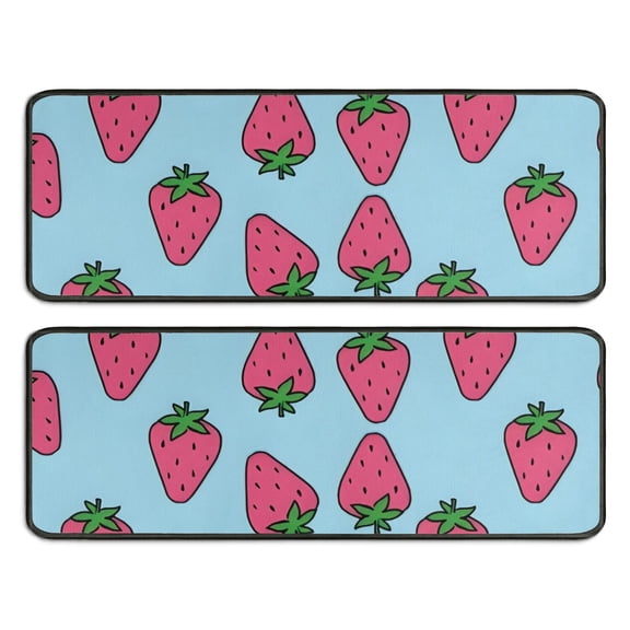 Kitchen Rugs Sets Of 2,Red Strawberry Plants Blue Pattern Anti Fatigue Kitchen Mat Rugs Non Slip Washable,Decorative Kitchen Floor Mats for Kitchen,Sink,Laundry,17"x47"+17"x47"