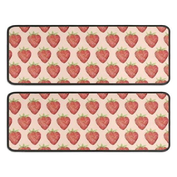 Kitchen Rugs Sets Of 2,Red Strawberry Plants Fruit Beige Pattern Anti Fatigue Kitchen Mat Rugs Non Slip Washable,Decorative Kitchen Floor Mats for Kitchen,Sink,Laundry,17"x47"+17"x47"