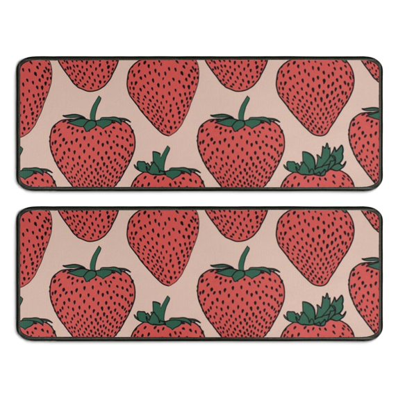 Kitchen Rugs Sets Of 2,Red Strawberry Plants Fruit Beige Pattern Anti Fatigue Kitchen Mat Rugs Non Slip Washable,Decorative Kitchen Floor Mats for Kitchen,Sink,Laundry,17"x47"+17"x47"