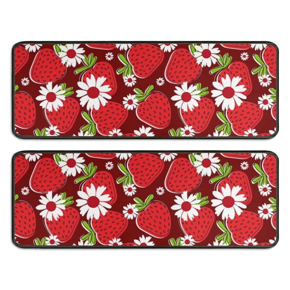 Kitchen Rugs Sets Of 2,Red Strawberry Plants Fruit Flower Anti Fatigue Kitchen Mat Rugs Non Slip Washable,Decorative Kitchen Floor Mats for Kitchen,Sink,Laundry,17"x47"+17"x47"