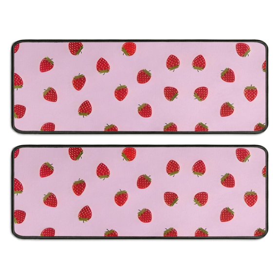 Kitchen Rugs Sets Of 2,Red Strawberry Plants Fruit Pink Pattern Anti Fatigue Kitchen Mat Rugs Non Slip Washable,Decorative Kitchen Floor Mats for Kitchen,Sink,Laundry,17"x47"+17"x47"