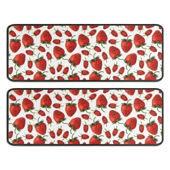 Kitchen Rugs Sets Of 2,Red Strawberry Plants Fruit White Pattern Anti Fatigue Kitchen Mat Rugs Non Slip Washable,Decorative Kitchen Floor Mats for Kitchen,Sink,Laundry,17"x47"+17"x47"