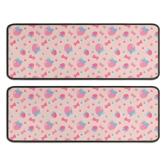 Kitchen Rugs Sets Of 2,Strawberry Plants Fruit Bow Pink Pattern Anti Fatigue Kitchen Mat Rugs Non Slip Washable,Decorative Kitchen Floor Mats for Kitchen,Sink,Laundry,17"x47"+17"x47"