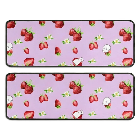 Kitchen Rugs Sets Of 2,Strawberry Plants Fruit Cat Flower Anti Fatigue Kitchen Mat Rugs Non Slip Washable,Decorative Kitchen Floor Mats for Kitchen,Sink,Laundry,17"x47"+17"x47"