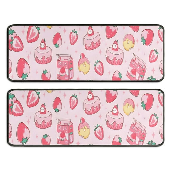 Kitchen Rugs Sets Of 2,Strawberry Plants Fruit Dessert Milk Anti Fatigue Kitchen Mat Rugs Non Slip Washable,Decorative Kitchen Floor Mats for Kitchen,Sink,Laundry,17"x47"+17"x47"