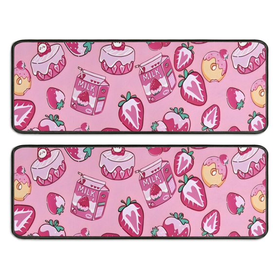 Kitchen Rugs Sets Of 2,Strawberry Plants Fruit Dessert Milk Pink Pattern Anti Fatigue Kitchen Mat Rugs Non Slip Washable,Decorative Kitchen Floor Mats for Kitchen,Sink,Laundry,17"x47"+17"x47"