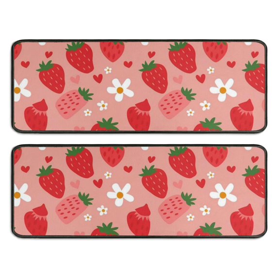 Kitchen Rugs Sets Of 2,Strawberry Plants Fruit Flower Heart Anti Fatigue Kitchen Mat Rugs Non Slip Washable,Decorative Kitchen Floor Mats for Kitchen,Sink,Laundry,17"x47"+17"x47"