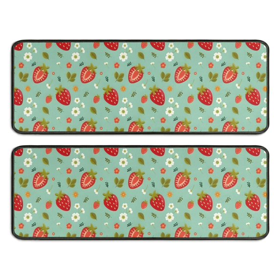 Kitchen Rugs Sets Of 2,Strawberry Plants Fruit Flower Leaf Green Pattern Anti Fatigue Kitchen Mat Rugs Non Slip Washable,Decorative Kitchen Floor Mats for Kitchen,Sink,Laundry,17"x47"+17"x47"