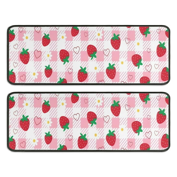 Kitchen Rugs Sets Of 2,Strawberry Plants Fruit Heart Daisy Checkered Anti Fatigue Kitchen Mat Rugs Non Slip Washable,Decorative Kitchen Floor Mats for Kitchen,Sink,Laundry,17"x47"+17"x47"