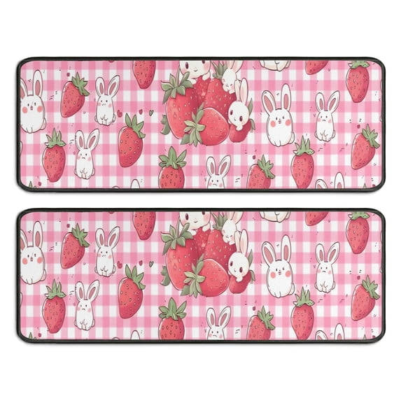 Kitchen Rugs Sets Of 2,Strawberry Plants Fruit Rabbit Checkered Anti Fatigue Kitchen Mat Rugs Non Slip Washable,Decorative Kitchen Floor Mats for Kitchen,Sink,Laundry,17"x47"+17"x47"