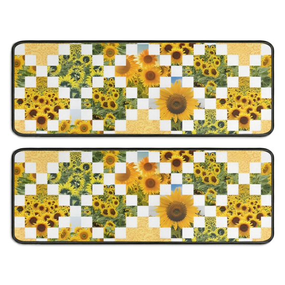 Kitchen Rugs Sets Of 2,Sunflower Checkered Pattern Anti Fatigue Kitchen Mat Rugs Non Slip Washable,Decorative Kitchen Floor Mats for Kitchen,Sink,Laundry,17"x47"+17"x47"
