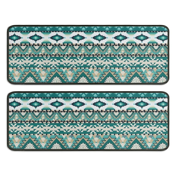Kitchen Rugs Sets Of 2,Teal Geometric Boho Pattern Anti Fatigue Kitchen Mat Rugs Non Slip Washable,Decorative Kitchen Floor Mats for Kitchen,Sink,Laundry,17"x47"+17"x47"