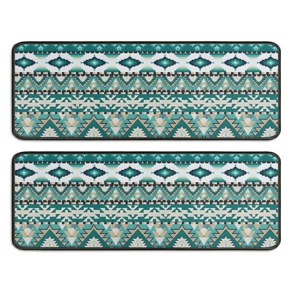 Kitchen Rugs Sets Of 2,Teal Geometric Boho Pattern Anti Fatigue Kitchen Mat Rugs Non Slip Washable,Decorative Kitchen Floor Mats for Kitchen,Sink,Laundry,17"x47"+17"x47"