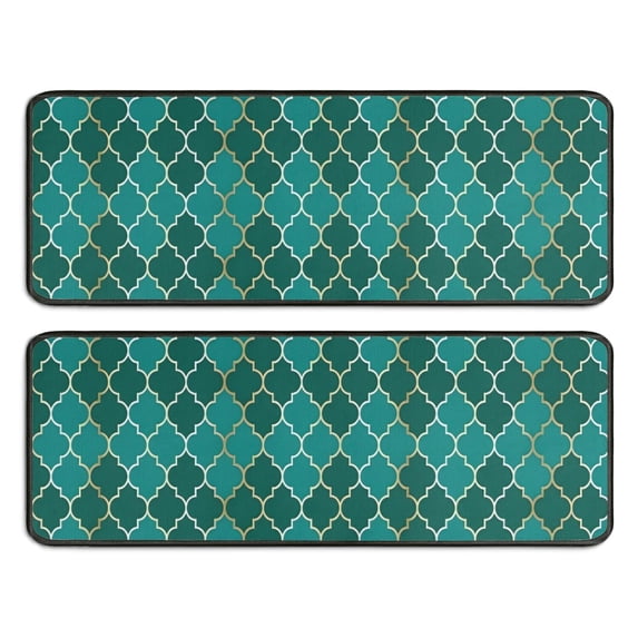 Kitchen Rugs Sets Of 2,Teal Gold Checkerboard Checkered Pattern Anti Fatigue Kitchen Mat Rugs Non Slip Washable,Decorative Kitchen Floor Mats for Kitchen,Sink,Laundry,17"x47"+17"x47"