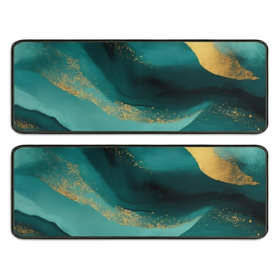 Kitchen Rugs Sets Of 2,Teal and Gold Marble Flow Lines Pattern Anti Fatigue Kitchen Mat Rugs Non Slip Washable,Decorative Kitchen Floor Mats for Kitchen,Sink,Laundry,17"x47"+17"x47"