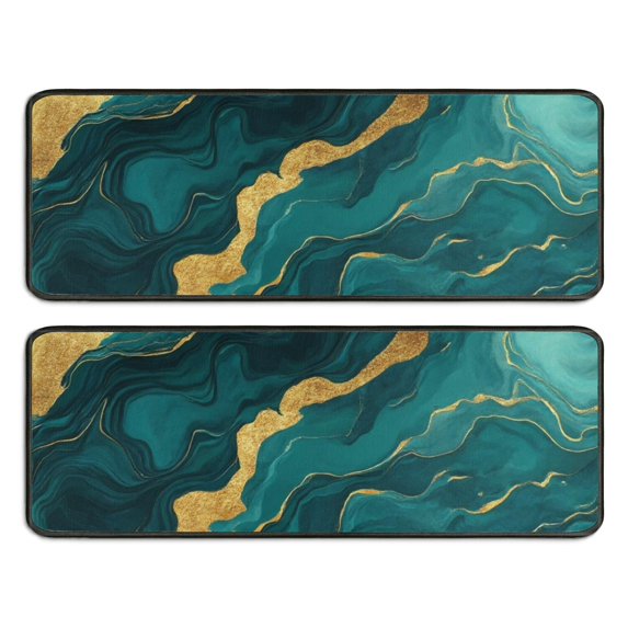Kitchen Rugs Sets Of 2,Teal and Gold Marble Glitter Dots Pattern Anti Fatigue Kitchen Mat Rugs Non Slip Washable,Decorative Kitchen Floor Mats for Kitchen,Sink,Laundry,17"x47"+17"x47"