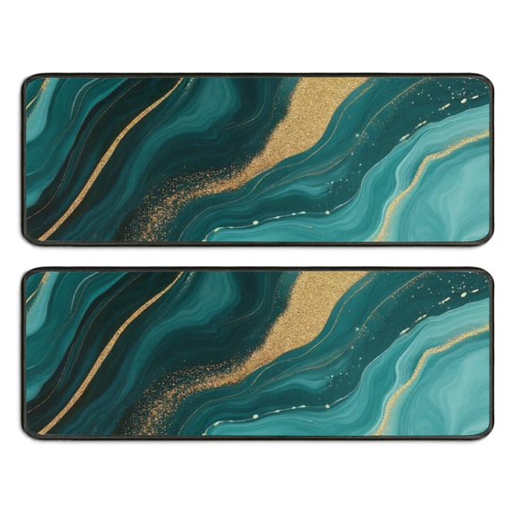 Kitchen Rugs Sets Of 2,Teal Gold Marble Pattern Anti Fatigue Kitchen Mat Rugs Non Slip Washable,Decorative Kitchen Floor Mats for Kitchen,Sink,Laundry,17"x47"+17"x47"