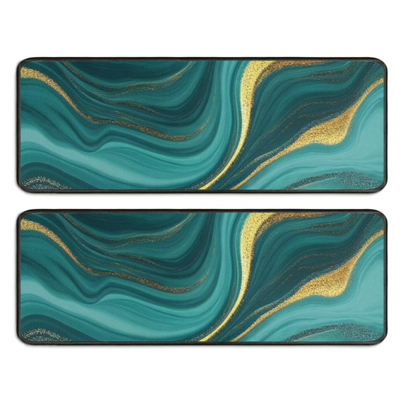 Kitchen Rugs Sets Of 2,Teal Gold Marble Pattern Anti Fatigue Kitchen Mat Rugs Non Slip Washable,Decorative Kitchen Floor Mats for Kitchen,Sink,Laundry,17"x47"+17"x47"